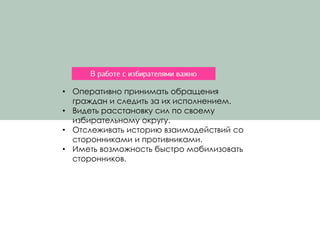 • Оперативно принимать обращения
граждан и следить за их исполнением.
• Видеть расстановку сил по своему
избирательному округу.
• Отслеживать историю взаимодействий со
сторонниками и противниками.
• Иметь возможность быстро мобилизовать
сторонников.
 