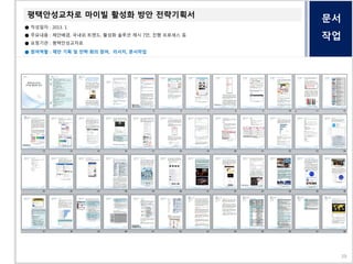 문서
작업
평택안성교차로 마이빌 활성화 방안 전략기획서
● 작성일자 : 2013. 1
● 주요내용 : 제안배경, 국내외 트렌드, 활성화 솔루션 제시 7안, 진행 프로세스 등
● 요청기관 : 평택안성교차로
● 참여역할 : 제안 기획 및 전략 회의 참여, 리서치, 문서작업
39
 