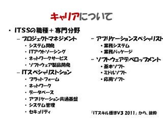 キャリアについて
• ＩＴＳＳの職種＋専門分野
– プロジェクトマネジメント
• システム開発
• ＩＴアウトソーシング
• ネットワークサービス
• ソフトウェア製品開発
– ＩＴスペシャリストション
• プラットフォーム
• ネットワーク
• データベース
• アプリケーション共通基盤
• システム管理
• セキュリティ 「ＩＴスキル標準Ｖ３ 2011」 から、抜粋
– アプリケーションスペシャリスト
•業務システム
•業務パッケージ
– ソフトウェアデベロップメント
•基本ソフト
•ミドルソフト
•応用ソフト
 