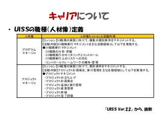 キャリアについて
• ＵＩＳＳの職種（人材像）定義
「ＵＩＳＳ Ver.2.2」 から、抜粋
人材像 人材像ミッションと活動内容
プログラム
マネージャ
【ミッション】IS戦略の実現に向けて、複数の個別案件をマネジメントする。
【活動内容】IS戦略実行マネジメントを主な活動領域として以下を実施する。
●IS戦略実行マネジメント
・IS戦略の分析･把握
・IS戦略実行のモニタリングとコントロール
・IS戦略実行上のリスクへの対応
・コントロールフレームワークの維持・管理
プロジェクト
マネージャ
【ミッション】IS戦略の実現に向けて、個別案件をマネジメントする。
【活動内容】プロジェクト計画策定、実行管理を主な活動領域として以下を実施する。
●プロジェクトマネジメント
・プロジェクトの立ち上げ
・プロジェクト計画策定
・プロジェクト追跡と実行管理
・プロジェクト変更管理
・プロジェクト終結
・プロジェクト完了評価
 