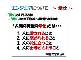 エンジニアについて ～ 幸せ ～
• 「働く」ということは
– 「働く」ことで下記の2～4は得られるます。
「人間の究極の幸せ」とは・・・
1. 人に愛されること
2. 人に褒められること
3. 人の役に立つこと
4. 人に必要とされること
「禅僧の言葉」より
 