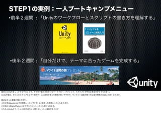 STEP1の実例：一人ブートキャンプメニュー
•前半２週間 : 「Unityのワークフローとスクリプトの書き方を理解する」
•後半２週間 : 「自分だけで、テーマに合ったゲームを完成する」
最初にUnity本をしっかりとやることで、その本で紹介されているワークフロー、テクニック、スクリプトが手元に残るのがとても大きい。
Unityの場合、それらのスクリプトはすぐ別のゲームに流用できる可能性が高いですので、ワンセット道具が うのは後の開発の見通しが良くなります。
最近はさらに書籍が増えてます。
上の２冊はJavaScriptでの開発レッスンですが、C#を使った開発レッスンもあります。
この他にもDigitalTutorsとかでオンラインレッスンも受けられます。
もちろんUnityオフィシャルHPのほうにも様々なレッスン資料があります
 