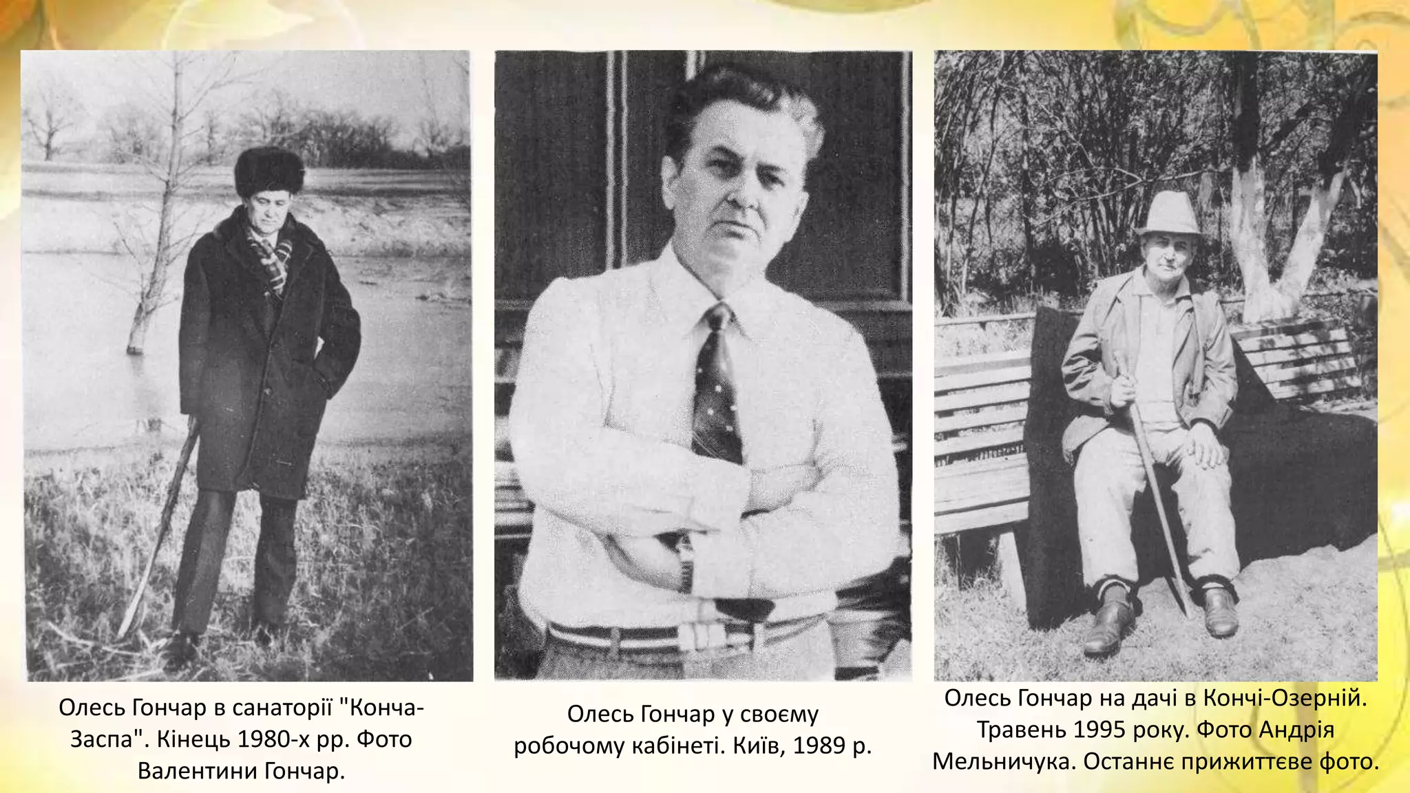 Олесь Гончар в санаторії "Конча-
Заспа". Кінець 1980-х рр. Фото
Валентини Гончар.
Олесь Гончар у своєму
робочому кабінеті. Київ, 1989 р.
Олесь Гончар на дачі в Кончі-Озерній.
Травень 1995 року. Фото Андрія
Мельничука. Останнє прижиттєве фото.
 