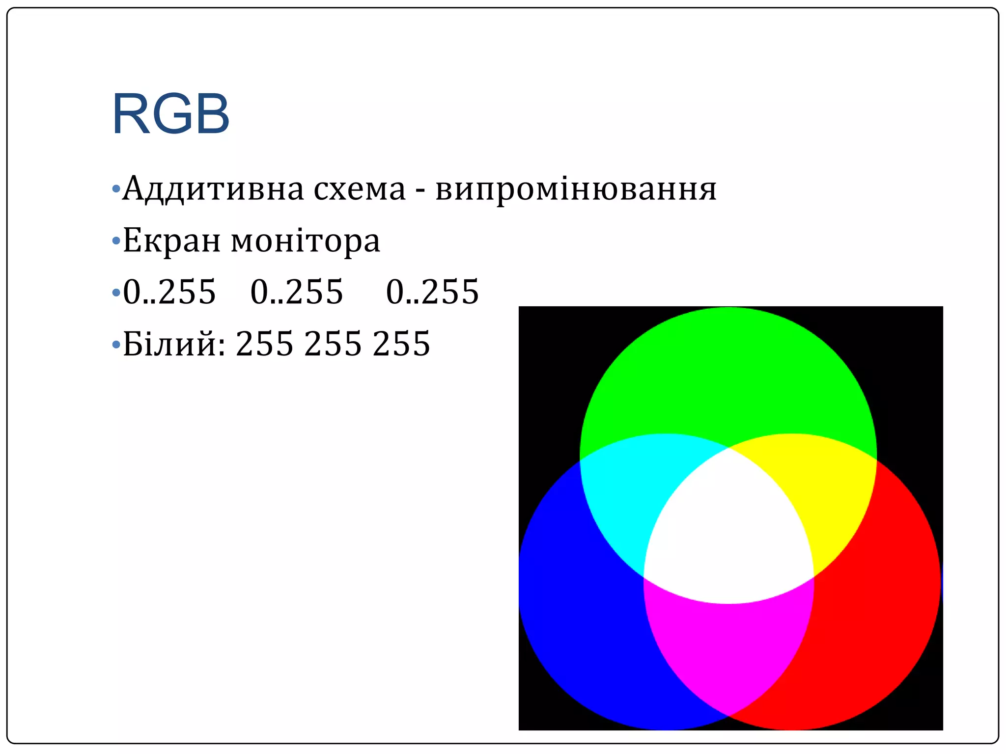 RGB
•Аддитивна схема - випромінювання
•Екран монітора
•0..255 0..255 0..255
•Білий: 255 255 255
 