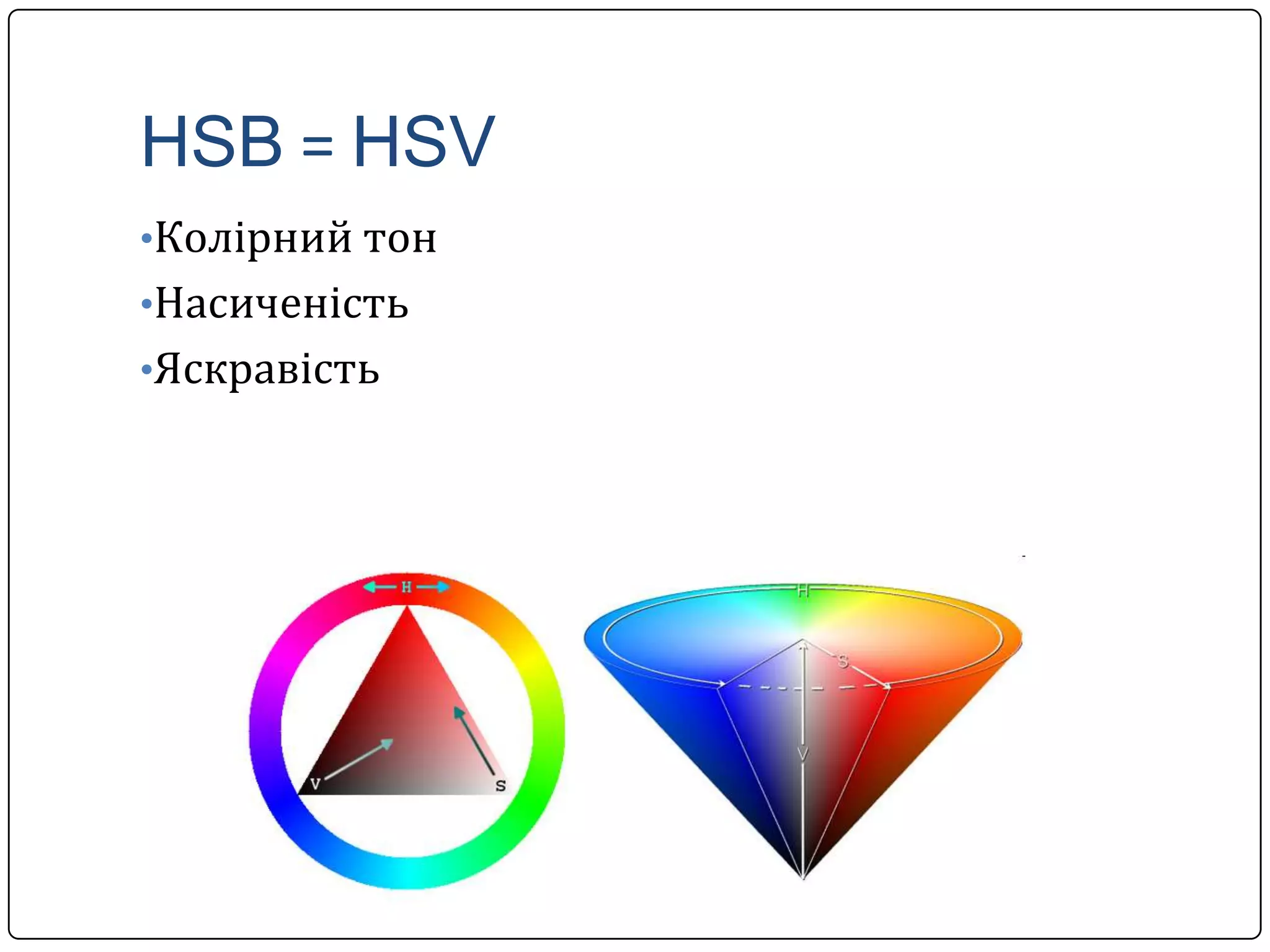 HSB = HSV
•Колірний тон
•Насиченість
•Яскравість
 