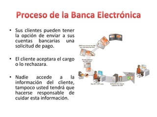 • Sus clientes pueden tener
la opción de enviar a sus
cuentas bancarias una
solicitud de pago.
• El cliente aceptara el cargo
o lo rechazara.
• Nadie accede a la
información del cliente,
tampoco usted tendrá que
hacerse responsable de
cuidar esta información.
 