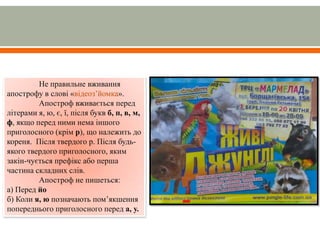 Не правильне вживання
апострофу в слові «відеоз’йомка».
Апостроф вживається перед
літерами я, ю, є, ї, після букв б, п, в, м,
ф, якщо перед ними нема іншого
приголосного (крім р), що належить до
кореня. Після твердого р. Після будь-
якого твердого приголосного, яким
закін­чується префікс або перша
частина складних слів.
Апостроф не пишеться:
а) Перед йо
б) Коли я, ю позначають пом’якшення
попереднього приголосного перед а, у.
 