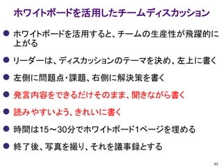 ホワイトボードを活用したチームディスカッション
 ホワイトボードを活用すると、チームの生産性が飛躍的に
上がる
 リーダーは、ディスカッションのテーマを決め、左上に書く
 左側に問題点・課題、右側に解決策を書く
 発言内容をできるだけそのまま、聞きながら書く
 読みやすいよう、きれいに書く
 時間は15～30分でホワイトボード1ページを埋める
 終了後、写真を撮り、それを議事録とする
63
 