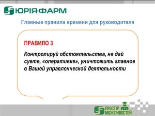 Главные правила времени для руководителя
ПРАВИЛО 3
Контролируй обстоятельства, не дай
суете, «оперативке», уничтожить главное
в Вашей управленческой деятельности
 
