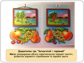 Дидактична гра “Запам’ятай і порівняй”
Мета: розширення обсягу короткочасної зорової пам’яті,
розвиток зорового сприймання та зорової уваги.
 