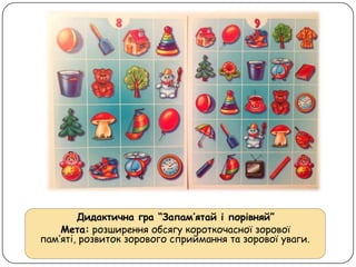 Дидактична гра “Запам’ятай і порівняй”
Мета: розширення обсягу короткочасної зорової
пам’яті, розвиток зорового сприймання та зорової уваги.
 