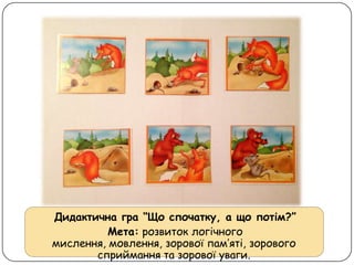 Дидактична гра “Що спочатку, а що потім?”
Мета: розвиток логічного
мислення, мовлення, зорової пам’яті, зорового
сприймання та зорової уваги.
 