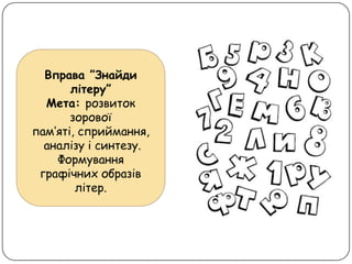 Вправа ”Знайди
літеру”
Мета: розвиток
зорової
пам’яті, сприймання,
аналізу і синтезу.
Формування
графічних образів
літер.
 