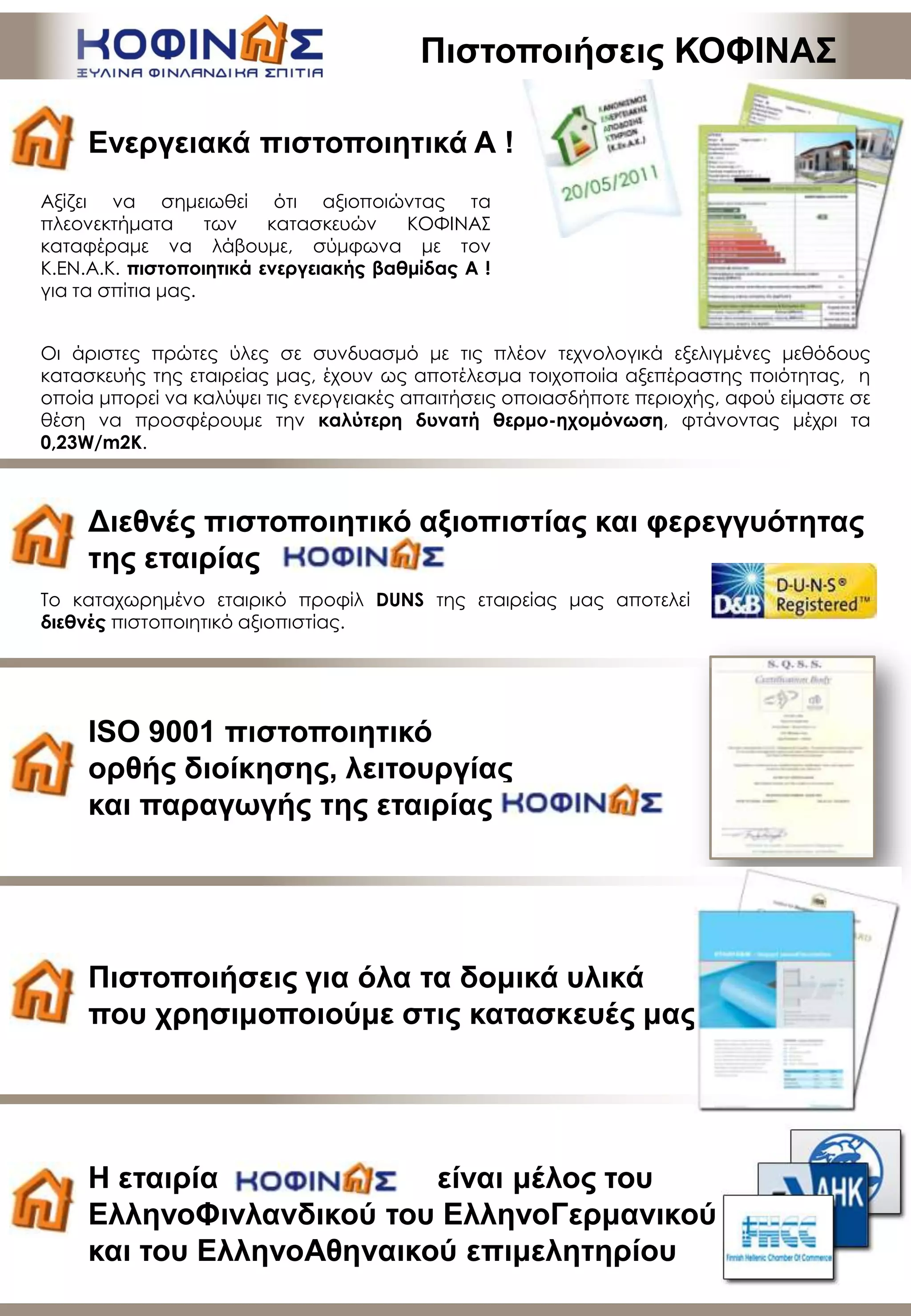 Αξίζει να σημειωθεί ότι αξιοποιώντας τα
πλεονεκτήματα των κατασκευών ΚΟΦΙΝΑΣ
καταφέραμε να λάβουμε, σύμφωνα με τον
Κ.ΕΝ.Α.Κ. πιστοποιητικά ενεργειακής βαθμίδας Α !
για τα σπίτια μας.
Πιζηοποιήζειρ ΚΟΦΙΝΑΣ
Ενεπγειακά πιζηοποιηηικά Α !
Διεθνέρ πιζηοποιηηικό αξιοπιζηίαρ και θεπεγγςόηηηαρ
ηηρ εηαιπίαρ
Πιζηοποιήζειρ για όλα ηα δομικά ςλικά
πος σπηζιμοποιούμε ζηιρ καηαζκεςέρ μαρ
ISO 9001 πιζηοποιηηικό
οπθήρ διοίκηζηρ, λειηοςπγίαρ
και παπαγωγήρ ηηρ εηαιπίαρ
Οι άριστες πρώτες ύλες σε συνδυασμό με τις πλέον τεχνολογικά εξελιγμένες μεθόδους
κατασκευής της εταιρείας μας, έχουν ως αποτέλεσμα τοιχοποιία αξεπέραστης ποιότητας, η
οποία μπορεί να καλύψει τις ενεργειακές απαιτήσεις οποιασδήποτε περιοχής, αφού είμαστε σε
θέση να προσφέρουμε την καλύτερη δυνατή θερμο-ηχομόνωση, φτάνοντας μέχρι τα
0,23W/m2K.
Το καταχωρημένο εταιρικό προφίλ DUNS της εταιρείας μας αποτελεί
διεθνές πιστοποιητικό αξιοπιστίας.
Η εηαιπία είναι μέλορ ηος
ΕλληνοΦινλανδικού ηος ΕλληνοΓεπμανικού
και ηος ΕλληνοΑθηναικού επιμεληηηπίος
 