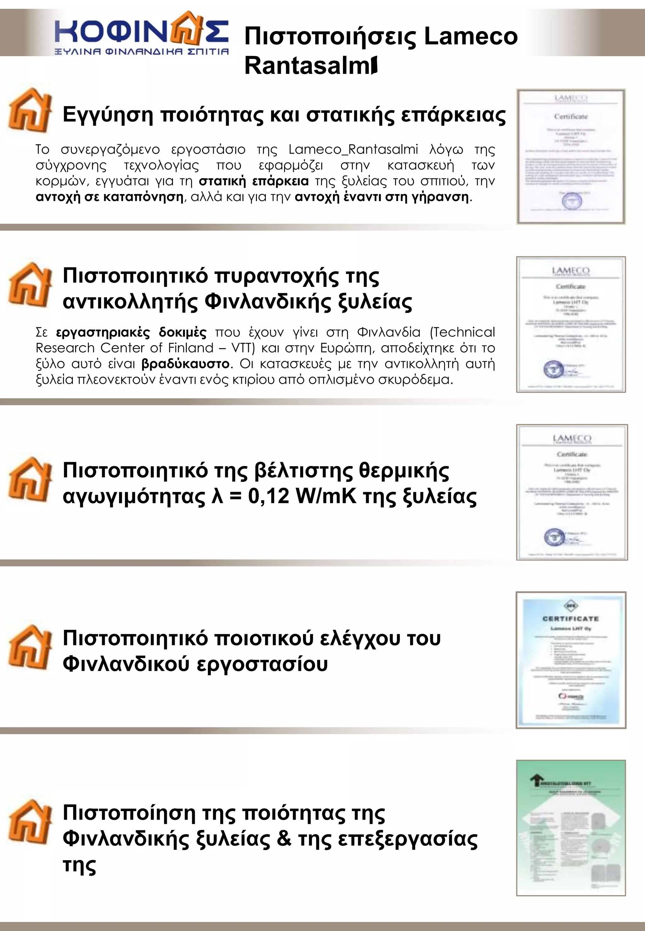 Πιζηοποιήζειρ Lameco
Rantasalmi
Εγγύηζη ποιόηηηαρ και ζηαηικήρ επάπκειαρ
Το συνεργαζόμενο εργοστάσιο της Lameco_Rantasalmi λόγω της
σύγχρονης τεχνολογίας που εφαρμόζει στην κατασκευή των
κορμών, εγγυάται για τη στατική επάρκεια της ξυλείας του σπιτιού, την
αντοχή σε καταπόνηση, αλλά και για την αντοχή έναντι στη γήρανση.
Πιζηοποιηηικό ποιοηικού ελέγσος ηος
Φινλανδικού επγοζηαζίος
Πιζηοποίηζη ηηρ ποιόηηηαρ ηηρ
Φινλανδικήρ ξςλείαρ & ηηρ επεξεπγαζίαρ
ηηρ
Πιζηοποιηηικό ηηρ βέληιζηηρ θεπμικήρ
αγωγιμόηηηαρ λ = 0,12 W/mK ηηρ ξςλείαρ
Πιζηοποιηηικό πςπανηοσήρ ηηρ
ανηικολληηήρ Φινλανδικήρ ξςλείαρ
Σε εργαστηριακές δοκιμές που έχουν γίνει στη Φινλανδία (Technical
Research Center of Finland – VTT) και στην Ευρώπη, αποδείχτηκε ότι το
ξύλο αυτό είναι βραδύκαυστο. Οι κατασκευές με την αντικολλητή αυτή
ξυλεία πλεονεκτούν έναντι ενός κτιρίου από οπλισμένο σκυρόδεμα.
 