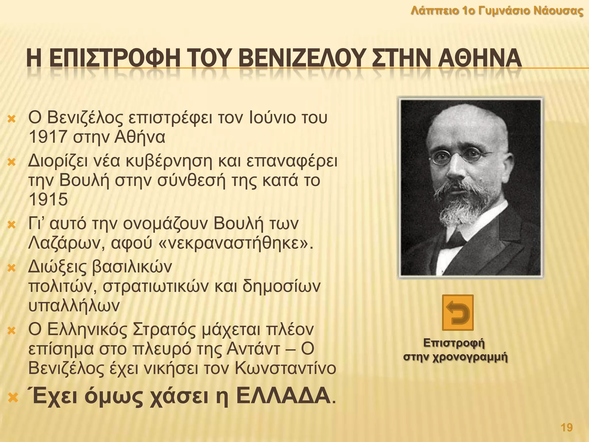 Η ΕΠΙ΢ΣΡΟΥΗ ΣΟΤ ΒΕΝΙΖΕΛΟΤ ΢ΣΗΝ ΑΘΗΝΑ
 Ο Βεληδέινο επηζηξέθεη ηνλ Ινύλην ηνπ
1917 ζηελ Αζήλα
 Γηνξίδεη λέα θπβέξλεζε θαη επαλαθέξεη
ηελ Βνπιή ζηελ ζύλζεζή ηεο θαηά ην
1915
 Γη’ απηό ηελ νλνκάδνπλ Βνπιή ησλ
Λαδάξσλ, αθνύ «λεθξαλαζηήζεθε».
 Γηώμεηο βαζηιηθώλ
πνιηηώλ, ζηξαηησηηθώλ θαη δεκνζίσλ
ππαιιήισλ
 Ο Διιεληθόο ΢ηξαηόο κάρεηαη πιένλ
επίζεκα ζην πιεπξό ηεο Αληάλη – Ο
Βεληδέινο έρεη ληθήζεη ηνλ Κσλζηαληίλν
 Έρεη φκσο ράζεη ε ΔΛΛΑΓΑ.
19
Λάππεην 1ν Γπκλάζην Νάνπζαο
Δπηζηξνθή
ζηελ ρξνλνγξακκή
 