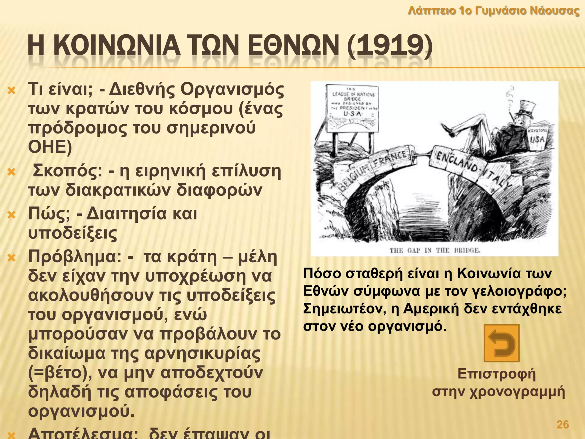Η ΚΟΙΝΨΝΙΑ ΣΨΝ ΕΘΝΨΝ (1919)
 Ση είλαη; - Γηεζλήο Οξγαληζκφο
ησλ θξαηψλ ηνπ θφζκνπ (έλαο
πξφδξνκνο ηνπ ζεκεξηλνχ
ΟΖΔ)
 ΢θνπφο: - ε εηξεληθή επίιπζε
ησλ δηαθξαηηθψλ δηαθνξψλ
 Πψο; - Γηαηηεζία θαη
ππνδείμεηο
 Πξφβιεκα: - ηα θξάηε – κέιε
δελ είραλ ηελ ππνρξέσζε λα
αθνινπζήζνπλ ηηο ππνδείμεηο
ηνπ νξγαληζκνχ, ελψ
κπνξνχζαλ λα πξνβάινπλ ην
δηθαίσκα ηεο αξλεζηθπξίαο
(=βέην), λα κελ απνδερηνχλ
δειαδή ηηο απνθάζεηο ηνπ
νξγαληζκνχ.
Πφζν ζηαζεξή είλαη ε Κνηλσλία ησλ
Δζλψλ ζχκθσλα κε ηνλ γεινηνγξάθν;
΢εκεησηένλ, ε Ακεξηθή δελ εληάρζεθε
ζηνλ λέν νξγαληζκφ.
26
Λάππεην 1ν Γπκλάζην Νάνπζαο
Δπηζηξνθή
ζηελ ρξνλνγξακκή
 