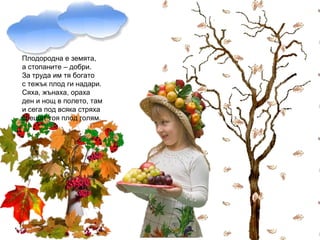 Плодородна е земята,
а стопаните – добри.
За труда им тя богато
с тежък плод ги надари.
Сяха, жънаха, ораха
ден и нощ в полето, там
и сега под всяка стряха
срещат тоя плод голям.
 