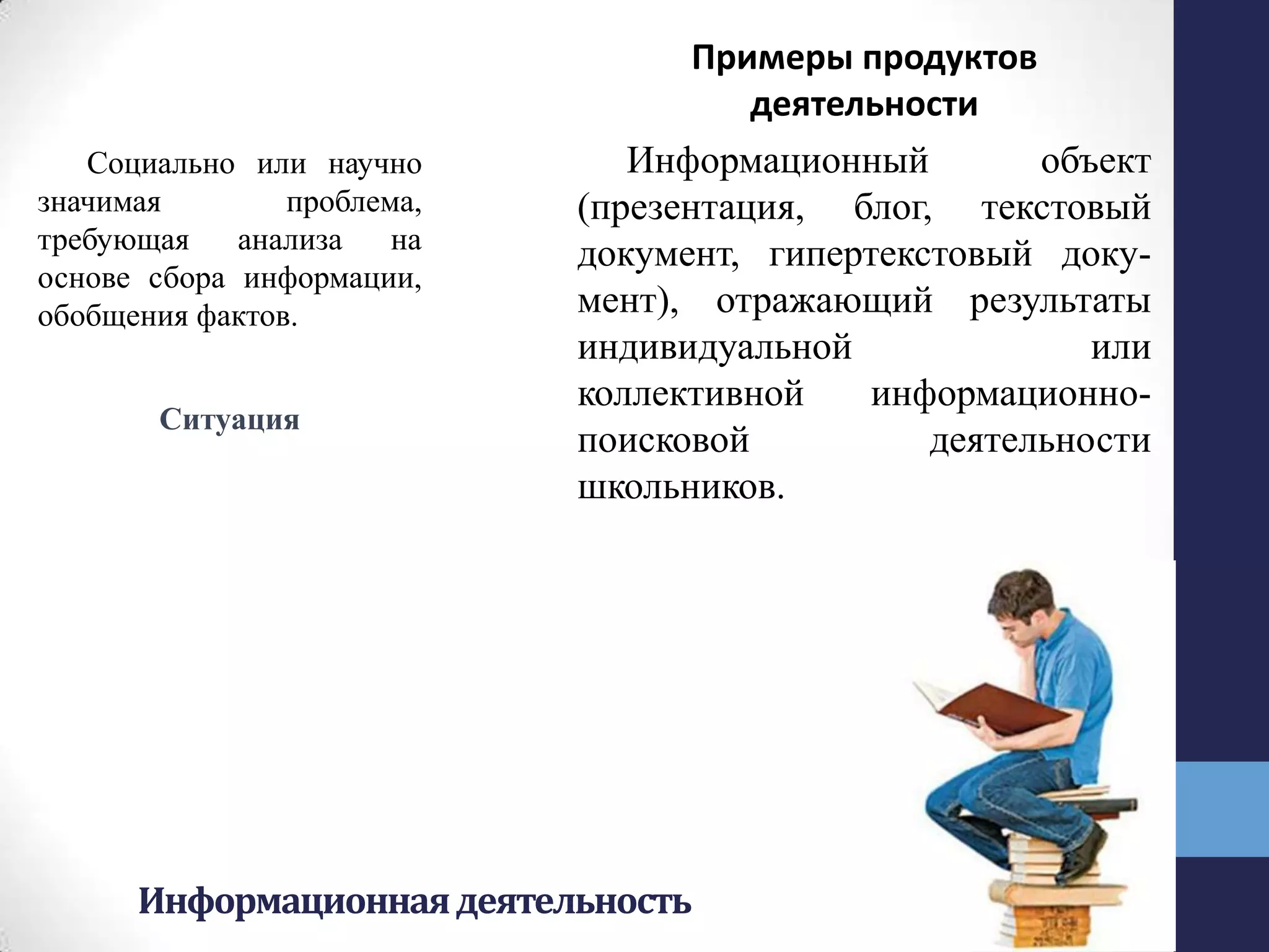 Информационнаядеятельность
Социально или научно
значимая проблема,
требующая анализа на
основе сбора информации,
обобщения фактов.
Ситуация
Примеры продуктов
деятельности
Информационный объект
(презентация, блог, текстовый
документ, гипертекстовый доку-
мент), отражающий результаты
индивидуальной или
коллективной информационно-
поисковой деятельности
школьников.
 