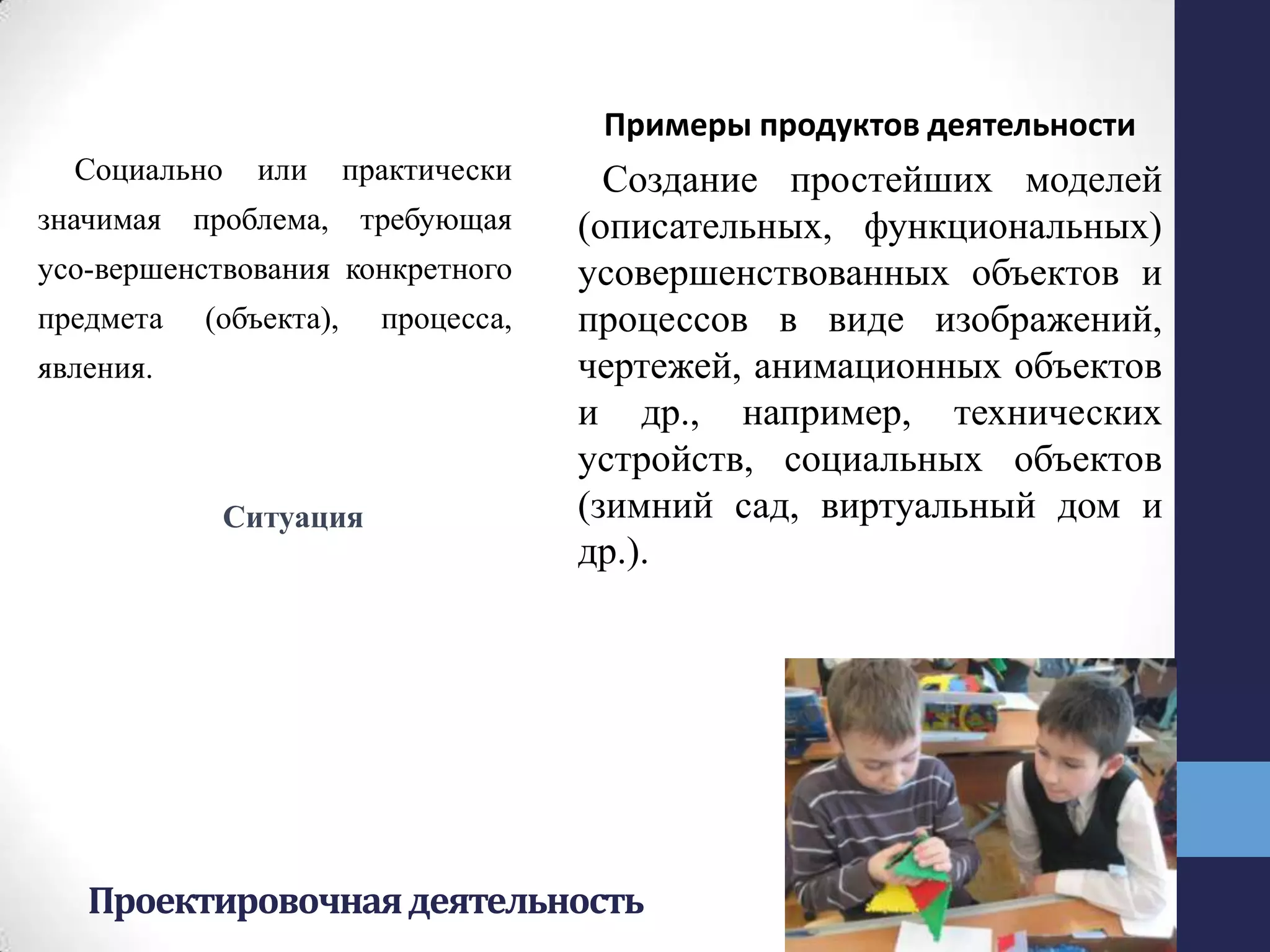 Проектировочнаядеятельность
Социально или практически
значимая проблема, требующая
усо­вершенствования конкретного
предмета (объекта), процесса,
явления.
Ситуация
Примеры продуктов деятельности
Создание простейших моделей
(описательных, функциональных)
усовершенствованных объектов и
процессов в виде изображений,
чертежей, анимационных объектов
и др., например, технических
устройств, социальных объектов
(зимний сад, виртуальный дом и
др.).
 