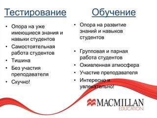 Обучение
• Опора на уже
имеющиеся знания и
навыки студентов
• Самостоятельная
работа студентов
• Тишина
• Без участия
преп...