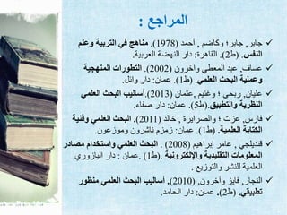 ‫المراجع‬:
‫جابر‬,‫وكاضم‬ ‫جابر؛‬,‫أحمد‬(1978.)‫وعلم‬ ‫التربية‬ ‫في‬ ‫مناهج‬
‫النفس‬( .‫ط‬2.)‫القاهرة‬:‫العربية‬ ‫النهضة‬ ‫دار‬.
‫عساف‬,‫وآخرون‬ ‫المعطي‬ ‫عبد‬(2002.)‫المنهجية‬ ‫التطورات‬
‫العلمي‬ ‫البحث‬ ‫وعملية‬( .‫ط‬1.)‫عمان‬:‫وائل‬ ‫دار‬.
‫عليان‬,‫وغنيم‬ ‫؛‬ ‫ربحي‬,‫عثمان‬(2013.)‫العلمي‬ ‫البحث‬ ‫أساليب‬
‫والتطبيق‬ ‫النظرية‬(.‫ط‬5.)‫عمان‬:‫صفاء‬ ‫دار‬.
‫فارس‬,‫والصرايرة‬ ‫؛‬ ‫عزت‬,‫خالد‬(2011).‫وفنية‬ ‫العلمي‬ ‫البحث‬
‫العلمية‬ ‫الكتابة‬.(‫ط‬1.)‫عمان‬:‫وموزعون‬ ‫ناشرون‬ ‫زمزم‬.
‫قنديلجي‬,‫إبراهيم‬ ‫عامر‬(2008. )‫مصادر‬ ‫واستخدام‬ ‫العلمي‬ ‫البحث‬
‫واإللكترونية‬ ‫التقليدية‬ ‫المعلومات‬(.‫ط‬1. )‫عمان‬:‫اليازوري‬ ‫دار‬
‫والتوزيع‬ ‫للنشر‬ ‫العلمية‬.
‫النجار‬,‫وآخرون‬ ‫فايز‬,(2010).‫منظور‬ ‫العلمي‬ ‫البحث‬ ‫أساليب‬
‫تطبيقي‬.(‫ط‬2).‫عمان‬:‫الحامد‬ ‫دار‬.
 