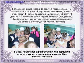 В опросе принимало участие 19 ребят из первого класса – 9
девочек и 10 мальчиков. В ходе опроса выяснилось, что есть
куклы дома у 14 детей. До школы в куклы играли 10 ребят (8
девочек и 2 мальчика), сейчас играют 6 человек (все девочки).
18 ребят считают, что в куклы играют только маленькие дети
(не согласна с утверждением только 1 девочка).
Вывод: многие мои одноклассники уже перестала
играть в куклы, а некоторые с ними вообще
никогда не играли.
http://www.o-detstve.ru Портал «О детстве» IV Всероссийская дистанционная конференция
«Проектная деятельность в образовательном учреждении»
 