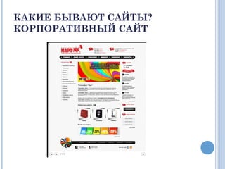 КАКИЕ БЫВАЮТ САЙТЫ?
КОРПОРАТИВНЫЙ САЙТ
 