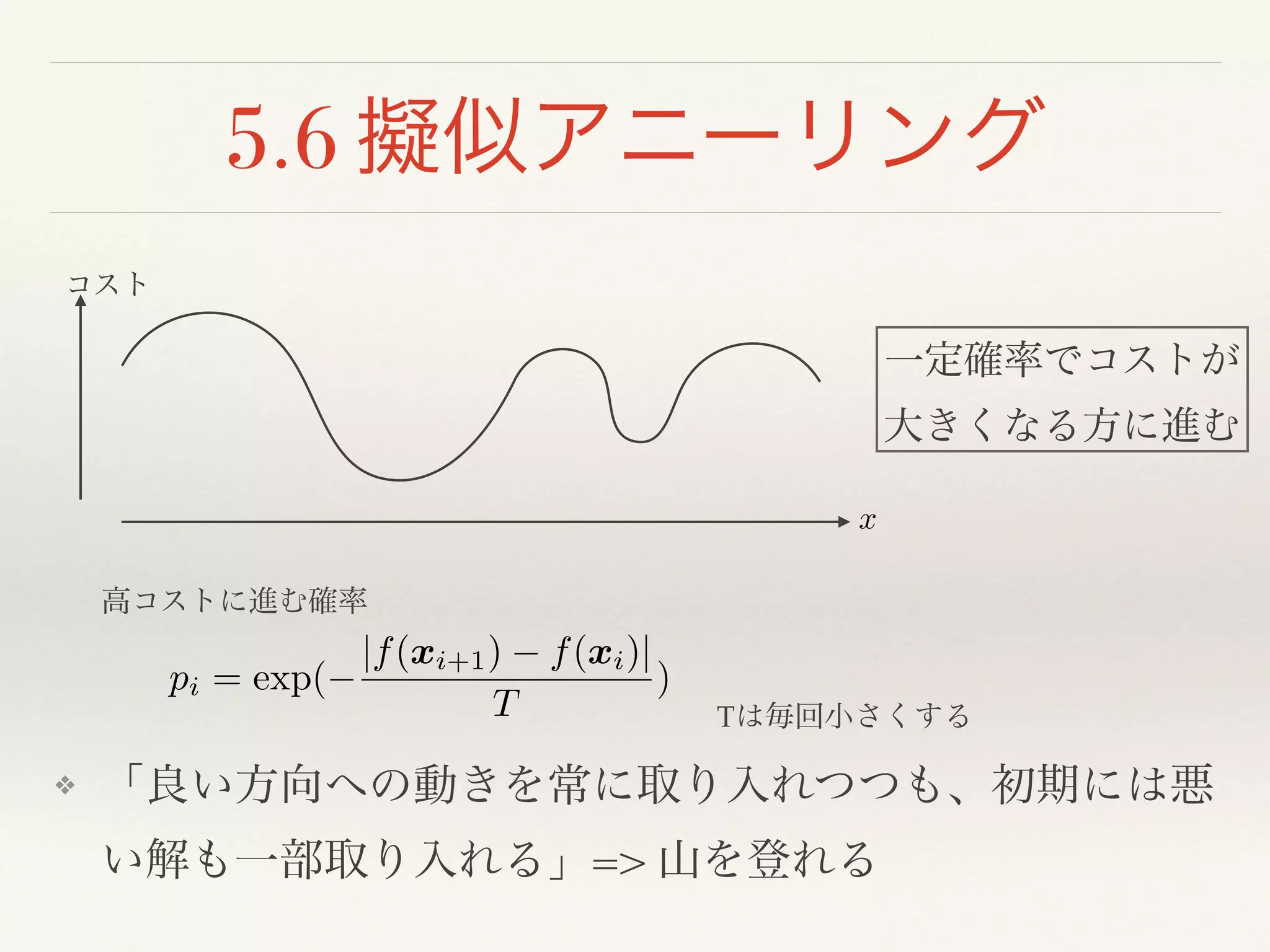 5.6 擬似アニーリング
❖ 「良い方向への動きを常に取り入れつつも、初期には悪
い解も一部取り入れる」=> 山を登れる
x
コスト
高コストに進む確率
一定確率でコストが 
大きくなる方に進む
Tは毎回小さくする
pi = exp(
|f(xi+1) f(xi)|
T
)
 
