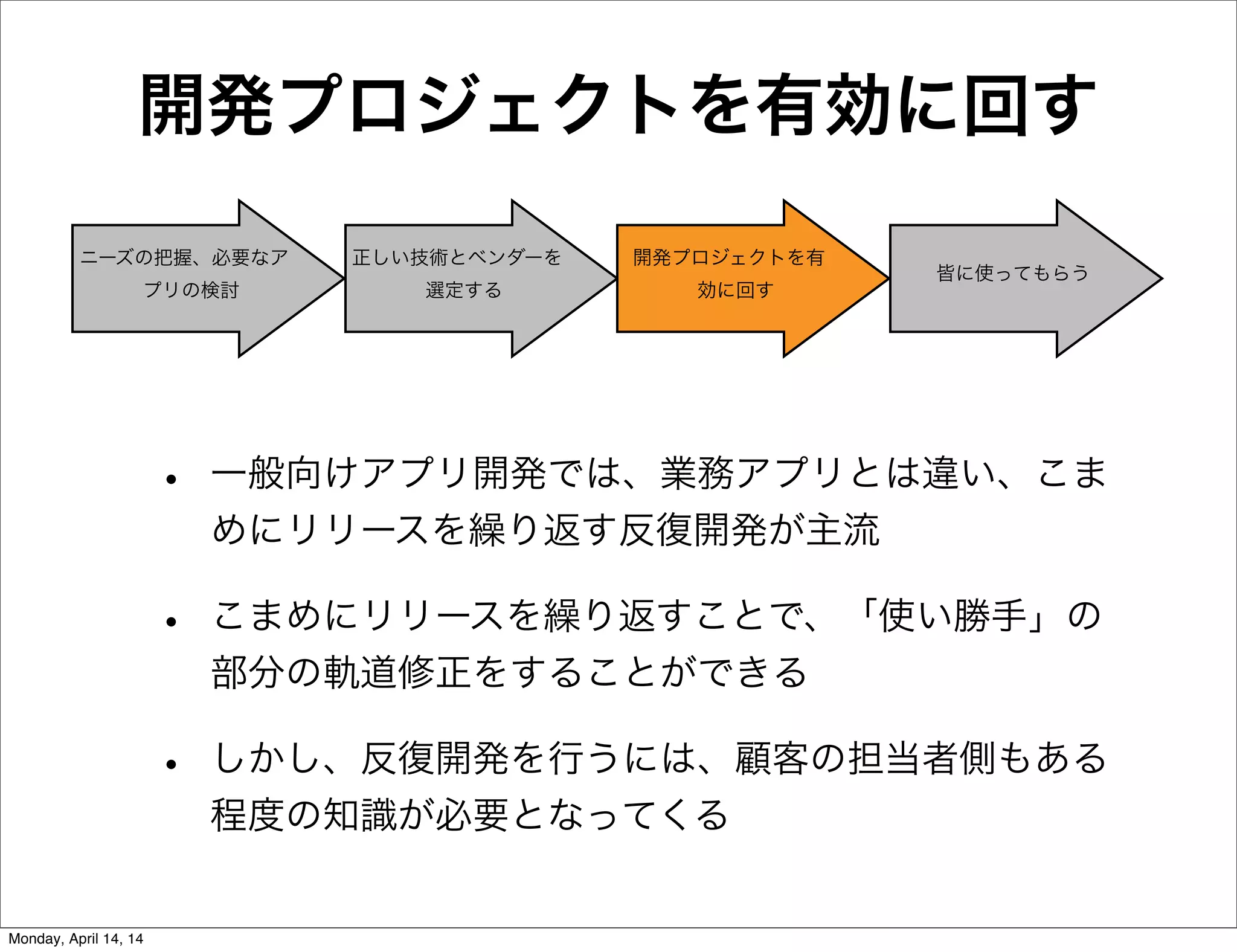 開発プロジェクトを有効に回す
• 一般向けアプリ開発では、業務アプリとは違い、こま
めにリリースを繰り返す反復開発が主流
• こまめにリリースを繰り返すことで、「使い勝手」の
部分の軌道修正をすることができる
• しかし、反復開発を行うには、顧客の担当者側もある
程度の知識が必要となってくる
ニーズの把握、必要なア
プリの検討
正しい技術とベンダーを
選定する
開発プロジェクトを有
効に回す
皆に使ってもらう
Monday, April 14, 14
 