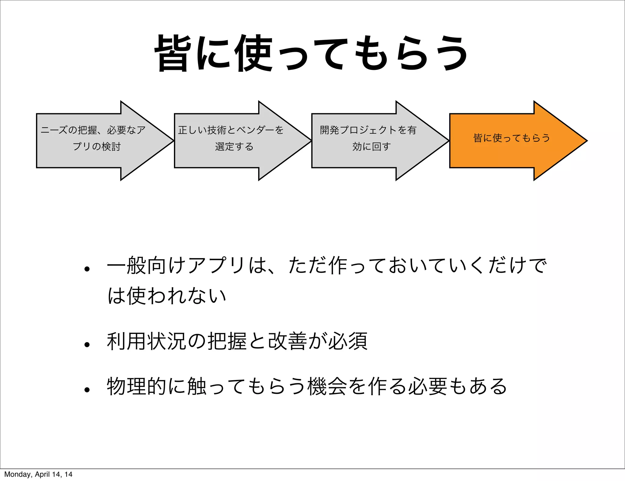皆に使ってもらう
• 一般向けアプリは、ただ作っておいていくだけで
は使われない
• 利用状況の把握と改善が必須
• 物理的に触ってもらう機会を作る必要もある
ニーズの把握、必要なア
プリの検討
正しい技術とベンダーを
選定する
開発プロジェクトを有
効に回す
皆に使ってもらう
Monday, April 14, 14
 