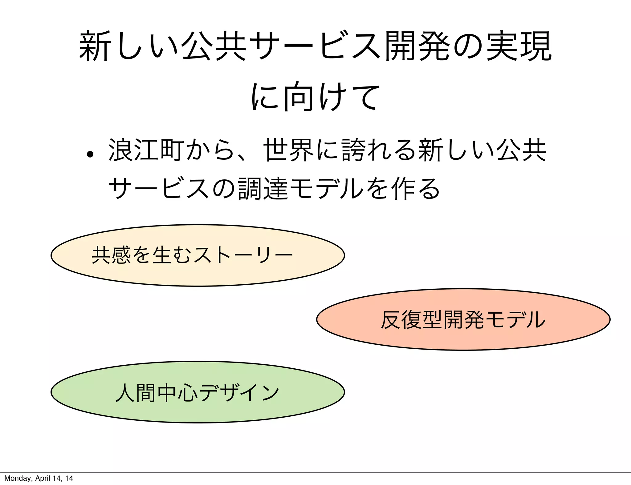 新しい公共サービス開発の実現
に向けて
•浪江町から、世界に誇れる新しい公共
サービスの調達モデルを作る
共感を生むストーリー
反復型開発モデル
人間中心デザイン
Monday, April 14, 14
 