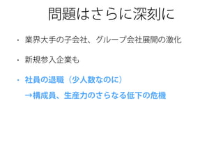 問題はさらに深刻に
• 業界大手の子会社、グループ会社展開の激化
• 新規参入企業も
• 社員の退職（少人数なのに） 
→構成員、生産力のさらなる低下の危機
 