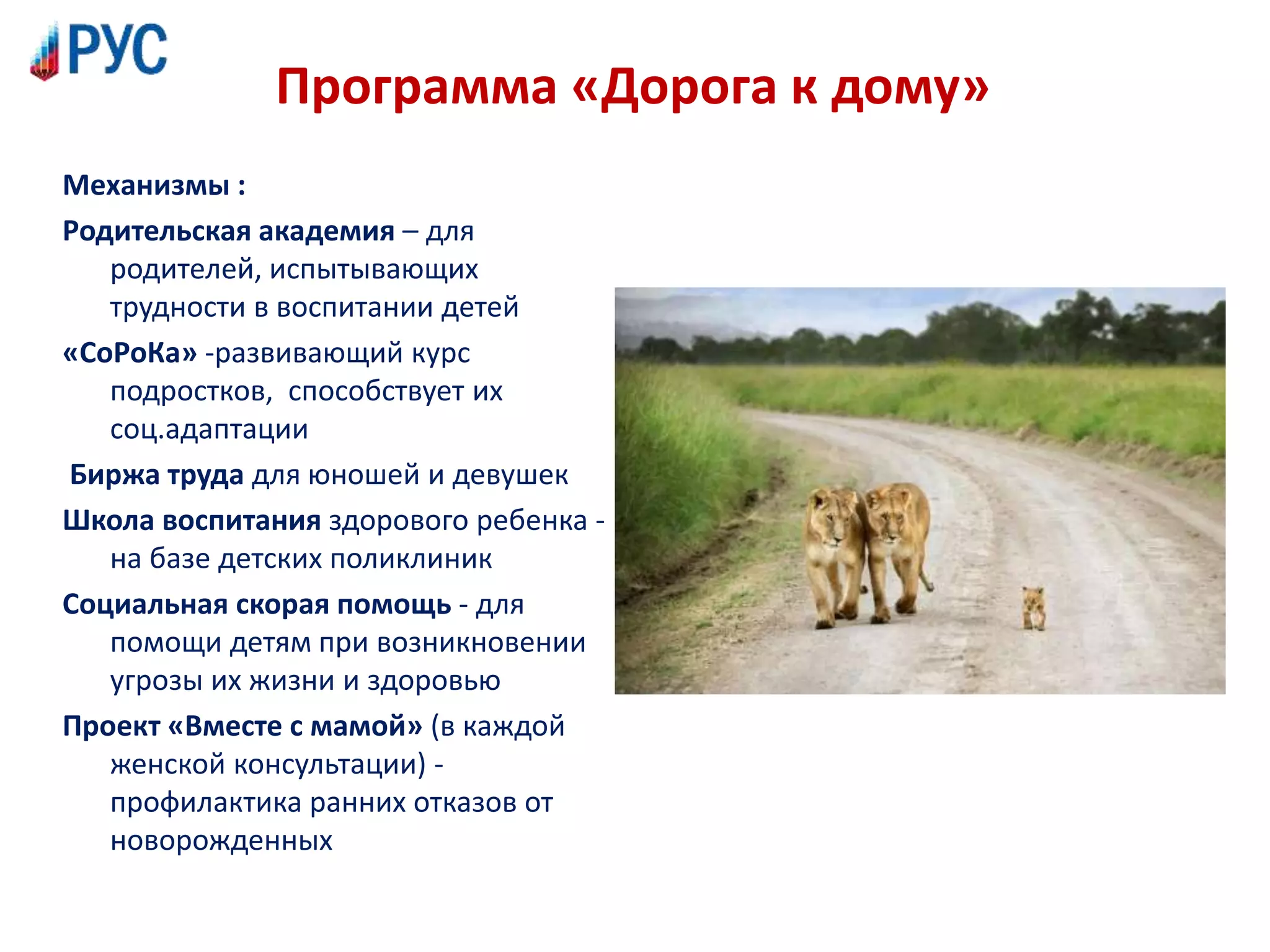 Программа «Дорога к дому»
Механизмы :
Родительская академия – для
родителей, испытывающих
трудности в воспитании детей
«СоРоКа» -развивающий курс
подростков, способствует их
соц.адаптации
Биржа труда для юношей и девушек
Школа воспитания здорового ребенка -
на базе детских поликлиник
Социальная скорая помощь - для
помощи детям при возникновении
угрозы их жизни и здоровью
Проект «Вместе с мамой» (в каждой
женской консультации) -
профилактика ранних отказов от
новорожденных
 