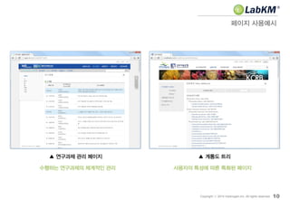 페이지 사용예시
10Copyright ⓒ 2014 Insilicogen,Inc. All rights reserved.
▲ 연구과제 관리 페이지 ▲ 계통도 트리
수행하는 연구과제의 체계적인 관리 사용자의 특성에 따른 특화된 페이지
 