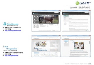 LabKM 대표구축사례
22Copyright ⓒ 2014 Insilicogen,Inc. All rights reserved.
 충북대학교 동물유전체연구실
 2013년 5월
 http://livestockgenomics.net
 가톨릭대학교 종양유전체학연구실
 2012년 7월
 http://oncogenomics.kr
 