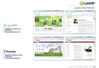  인천대학교 그린파이오니아
 2010년 7월
 http://greenpioneer.co.kr
LabKM 대표구축사례
25Copyright ⓒ 2014 Insilicogen,Inc. All rights reserved.
 경희대학교 한방바이오 연구실
 2010년 5월
 http://ginseng.labkm.net
 