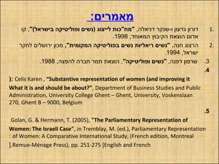 :‫מאמרים‬
1.,‫דניאלה‬ ‫ו-שנקר‬ ‫גדעון‬ ‫דורון‬"(‫בישראל‬ ‫ופוליטיקה‬ ‫)נשים‬ ‫לייצוג‬ ‫"מח"כות‬‫קו‬ ,
,‫המאוחד‬ ‫הקיבוץ‬ ‫הוצאת‬ ‫אדום‬1998.
2.,‫חנה‬ ‫הרצוג‬,"‫המקומית‬ ‫בפוליטיקה‬ ‫נשים‬ ‫ריאליות‬ ‫"נשים‬‫לחקר‬ ‫ירושלים‬ ‫מכון‬
,‫ישראל‬1994.
3,‫דפנה‬ ‫שרפון‬ ."‫ופוליטיקה‬ ‫"נשים‬,‫להפצה‬ ‫חברה‬ ‫תמר‬ ‫הוצאת‬ ,1988.
4.
Celis Karen , “Substantive representation of women (and improving it):
What it is and should be about?”, Department of Business Studies and Public
Administration, University College Ghent – Ghent, University, Voskenslaan
270, Ghent B – 9000, Belgium
5.
Golan, G. & Hermann, T. (2005), "The Parliamentary Representation of
Women: The Israeli Case", in Tremblay, M. (ed.), Parliamentary Representation
of Women: A Comparative International Study, (French edition, Montreal:
Remue-Ménage Press), pp. 251-275 [English and French[.
 