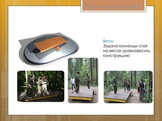 Парк приключений
Весы
Задача команды стоя
на весах уравновесить
конструкцию
 