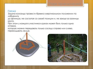 Парк приключений
Гаечка
Задача команды провести бревно в вертикальном положении по
лабиринту
до финиша, не соступая со своей позиции и, не заходя за границы
круга.
При этом у каждого участника в руках может быть только одна
оттяжка,
которую можно передавать только соседу справа или слева,
перекидывать нельзя.
 