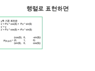 행렬로 표현하면
y축 기준 회전은
x’ = P.x * cos($) + P.z * sin($)
y’ = y
z’ = P.z * cos($) + -P.x * sin($)
(cos($), 0, -sin($))
(0, 1, 0)
(sin($), 0, cos($))
P(x,y,z) *
 