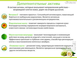 Дополнительные активы
В составе активы, которые оказывают направленное действие –
возрождают клетки кожи, дарят им второе дыхание.
Витамин Е - «витамин красоты». Сильнейший антиоксидант, помогающий
бороться со свободными радикалами. Является активным
противовоспалительным и увлажняющим ингредиентом.
Подсолнечное масло - помогает замедлить процессы старения кожи
благодаря высокому содержанию жирорастворимого витамина Е,
известного своими антиоксидантными свойствами.
Масло косточек винограда - оказывает тонизирующее и освежающее
действие на кожу, делая ее упругой и эластичной, насыщая и питая ее.
Эффективно проникает в глубокие слои дермы, способствуя регенерации
клеток и восстановлению клеточных мембран.
Оливковое масло – увлажняет кожу, предотвращая появление морщин и
разглаживая уже имеющиеся. Является прекрасным проводником для
других питательных веществ.
 