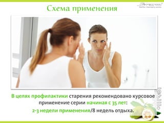 Схема применения
В целях профилактики старения рекомендовано курсовое
применение серии начиная с 35 лет:
2-3 недели применения/8 недель отдыха.
 