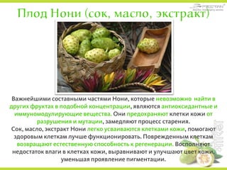 Плод Нони (сок, масло, экстракт)
Важнейшими составными частями Нони, которые невозможно найти в
других фруктах в подобной концентрации, являются антиоксидантные и
иммуномодулирующие вещества. Они предохраняют клетки кожи от
разрушения и мутации, замедляют процесс старения.
Сок, масло, экстракт Нони легко усваиваются клетками кожи, помогают
здоровым клеткам лучше функционировать. Поврежденным клеткам
возвращают естественную способность к регенерации. Восполняют
недостаток влаги в клетках кожи, выравнивают и улучшают цвет кожи,
уменьшая проявление пигментации.
 