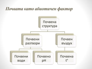 Почвата като абиотичен фактор
Почвена
структура
Почвени
разтвори
Почвени
води
Почвено
pH
Почвен
въздух
Почвена
tº
 