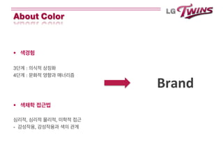 About Color
§  색경험	
  
	
  
3단계 : 의식적 상징화	
  
4단계 : 문화적 영향과 매너리즘	
  
	
  
	
  
	
  
§  색채학 접근법	
  
심리적, 심리적 물리적, 미학적 접근	
  
- 감성작용, 감성작용과 색의 관계	
  
Brand	
  
 