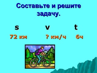 Составьте и решитеСоставьте и решите
задачу.задачу.
ss vv tt
72 км ? км/ч72 км ? км/ч 6ч6ч
 