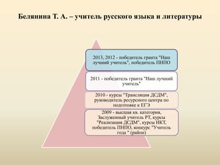 Белянина Т. А. – учитель русского языка и литературы
2013, 2012 - победитель гранта "Наш
лучший учитель", победитель ПНПО
2011 - победитель гранта "Наш лучший
учитель"
2010 - курсы "Трансляция ДСДМ",
руководитель ресурсного центра по
подготовке к ЕГЭ
2009 - высшая кв. категория,
Заслуженный учитель РТ, курсы
"Реализация ДСДМ", курсы ИКТ,
победитель ПНПО, конкурс "Учитель
года " (район)
 
