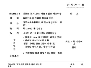 ON-OFF 병합으로 새로운 패션 메카의
구축
I.F.F.
A
12
전 시 관 구 성
THEME : 1 미래와 과거 .21c. 패션 & 섬유 페스티발 비 고
목 적 일반인과의 친밀감 형성을 위한
장 소
대구섬유유통단지 내 전시장 ( 테마 1 공
간 )
면 적 약 3,000 平 ( 안 )
일 시 • 2001 년 10 월 예정 ( 변경가능 )
전
개
방
안
• 각국의 new 패션디자인 발표의 무대
- 세대별 패션 역사의 흐름
-현장 디자인 공모 ( 참여의 무대 )
- 디자인 제작과정 , 현장 디자인
◎ 현장제작 제품 특별판매 ( 경매 ) 추진
외교 / 각 디자이
너
협의
기대효과
 