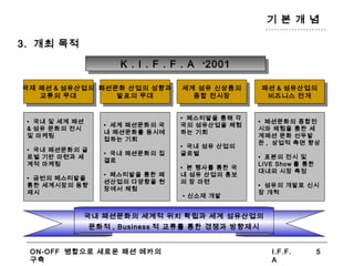 ON-OFF 병합으로 새로운 패션 메카의
구축
I.F.F.
A
5
기 본 개 념
3. 개최 목적
K . I . F . F . A ‘2001K . I . F . F . A ‘2001
국제 패션 & 섬유산업의
교류의 무대
국제 패션 & 섬유산업의
교류의 무대
• 국내 및 세계 패션
& 섬유 문화의 전시
및 마케팅
• 국내 패션문화의 글
로벌 기반 마련과 세
계적 마케팅
• 금번의 페스티발을
통한 세계시장의 동향
제시
패션문화 산업의 성향과
발표의 무대
패션문화 산업의 성향과
발표의 무대
• 세계 패션문화의 국
내 패션문화를 동시에
접하는 기회
• 국내 패션문화의 집
결로
• 페스티발을 통한 패
션산업의 다양함을 현
장에서 체험
세계 섬유 신상품의
종합 전시장
세계 섬유 신상품의
종합 전시장
• 페스티발을 통해 각
국의 섬유산업을 체험
하는 기회
• 국내 섬유 산업의
글로벌
• 본 행사를 통한 국
내 섬유 산업의 홍보
의 장 마련
• 신소재 개발
패션 & 섬유산업의
비즈니스 전개
패션 & 섬유산업의
비즈니스 전개
• 패션문화의 종합전
시와 체험을 통한 세
계패션 문화 선두발
판 , 상업적 측면 향상
• 표본의 전시 및
LIVE Show 를 통한
대내외 시장 측정
• 섬유의 개발로 신시
장 개척
국내 패션문화의 세계적 위치 확립과 세계 섬유산업의
문화적 , Business 적 교류를 통한 경쟁과 방향제시
 